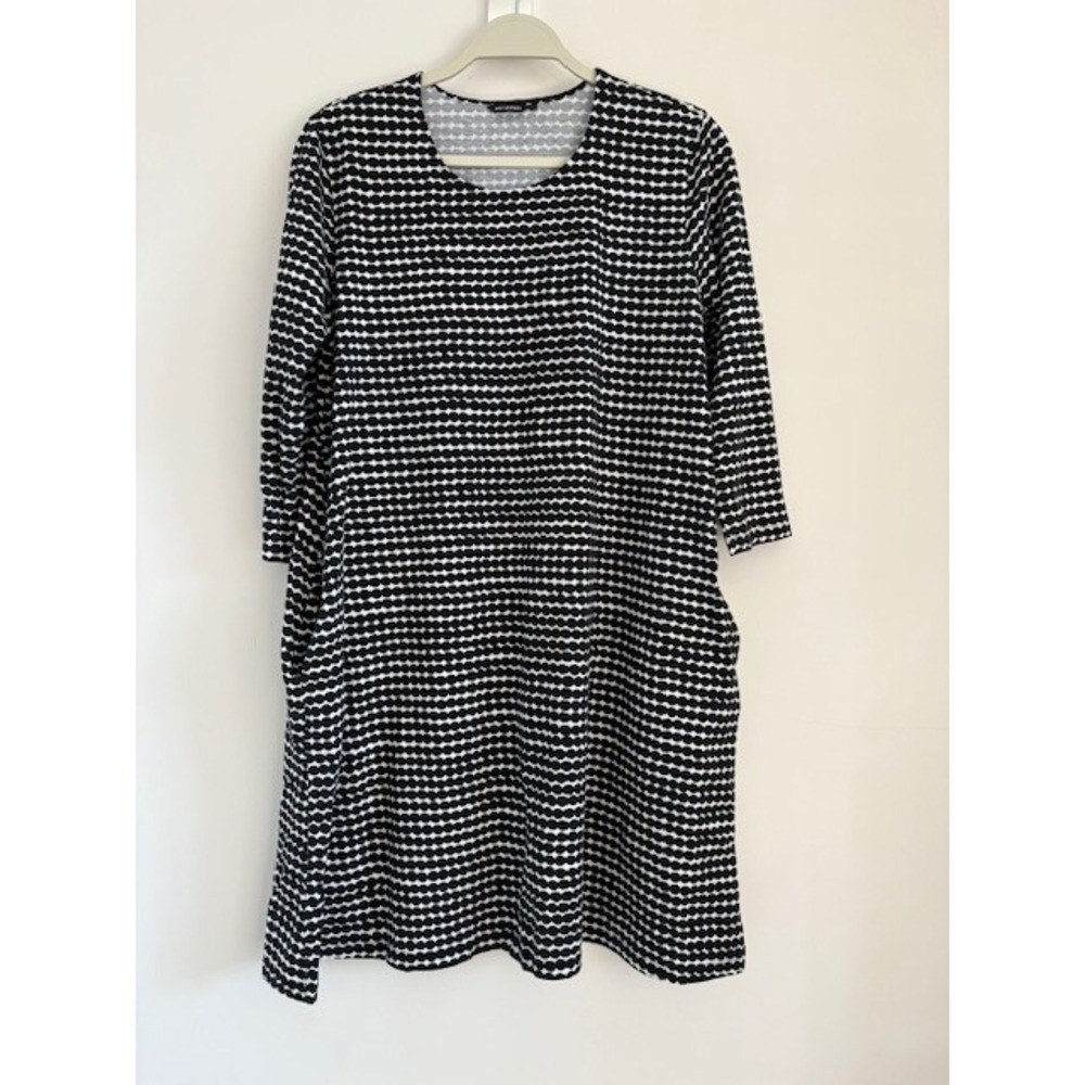 Marimekko Rasymatto Black White Dot Shift Dress 3/4 Sleeve Pockets Womens Large